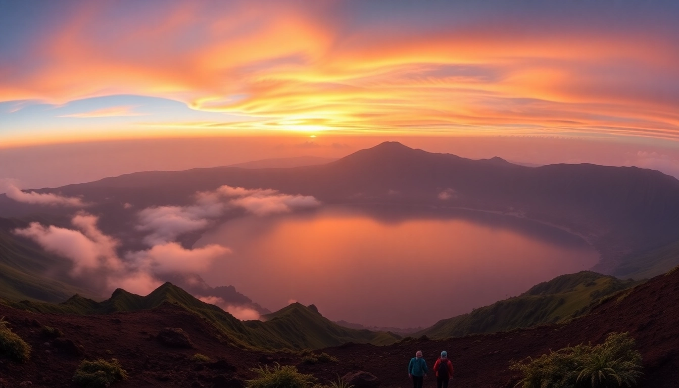 Mount Rinjani with its stunning crater lake at dawn, showcasing lush terrains and adventurous hikers enjoying the scenery.
