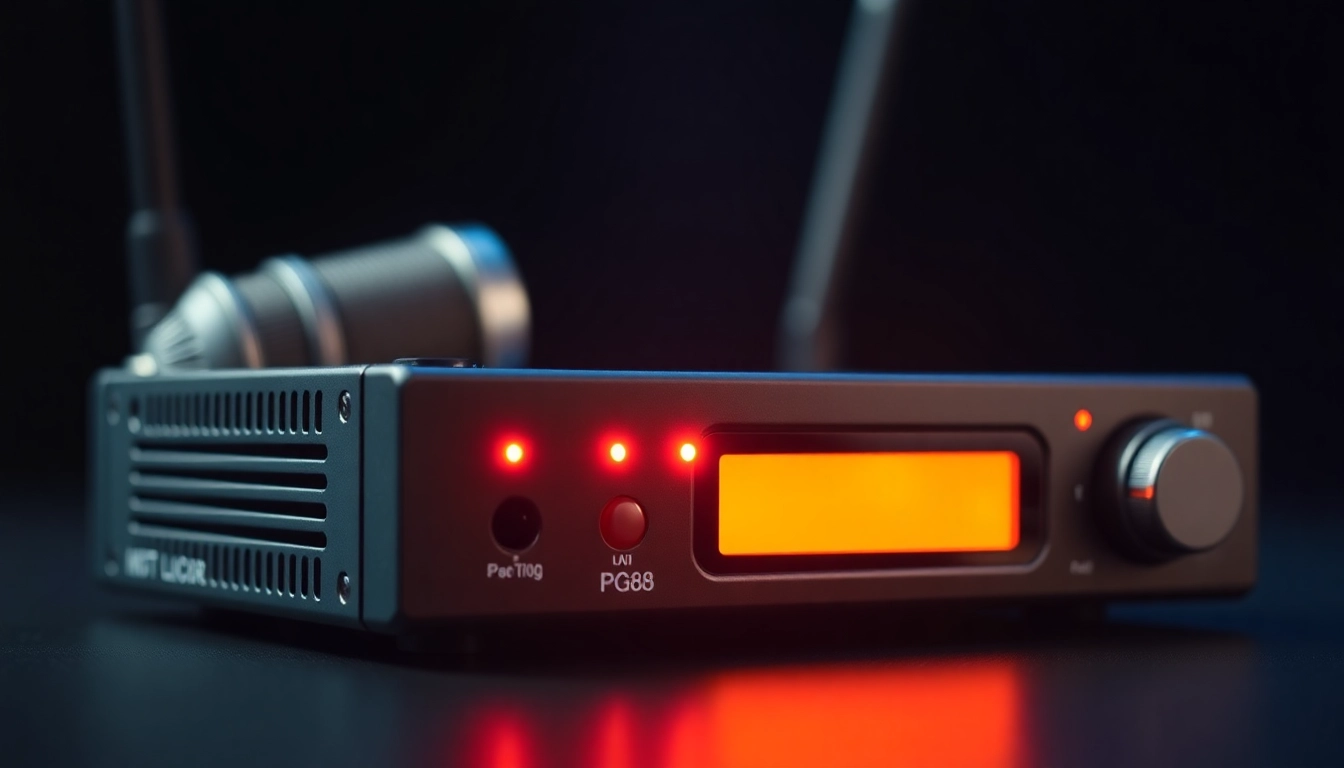 Detailed shot of PG88 wireless microphone receiver with signal lights, showcasing its professional design and sturdy build for live audio.