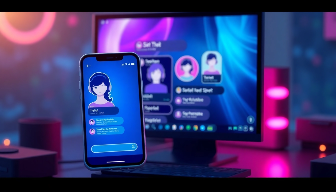 Digital illustration of a modern chat interface on devices showcasing customizable AI characters with vibrant neon colors and a futuristic cyberpunk aesthetic.