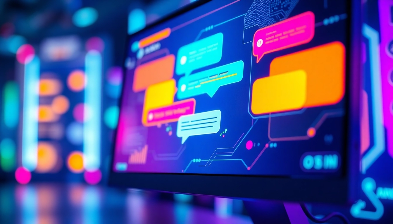Futuristic AI chatbot interface on a modern screen with colorful chat bubbles and glowing ambient lighting.