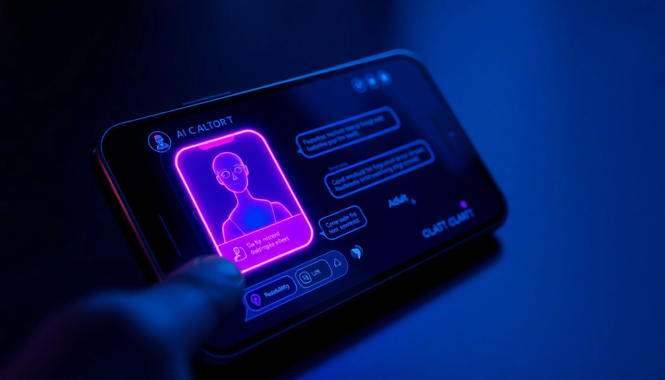 Futuristic AI chatbot interface on a modern device with glowing UI and intimate interaction scene