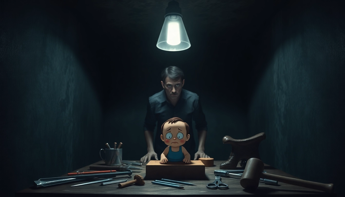 A disturbing scene of Harvey suffering as a character stands over him with violent tools, in a dark, oppressive room.