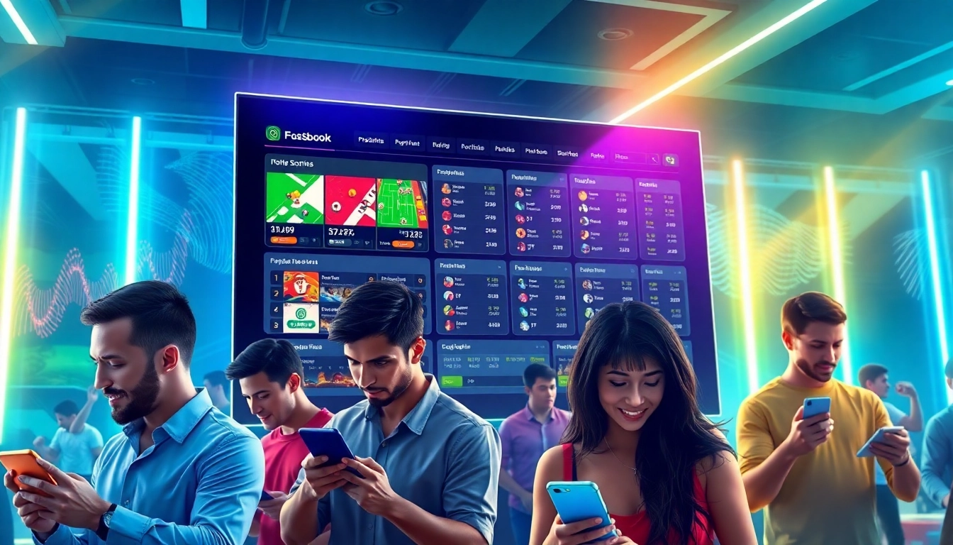 Illustration of a modern online sportsbook and casino platform with vibrant lights and players engaging with betting on devices.