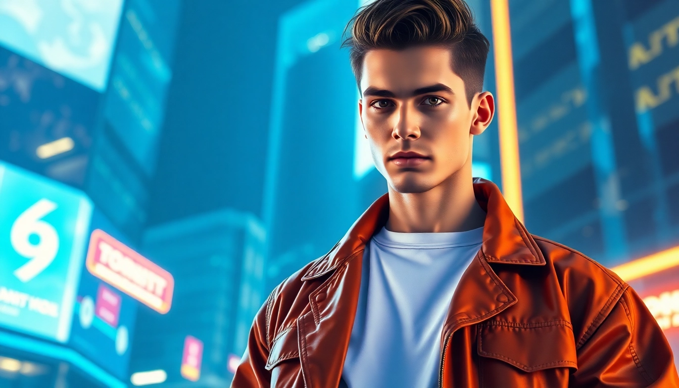 A stylish young man standing confidently in a neon-lit futuristic cityscape.