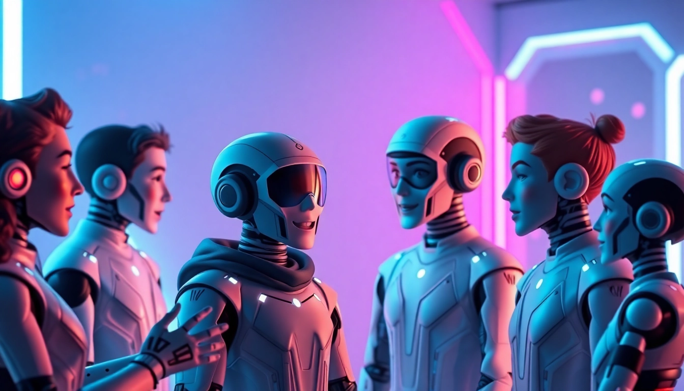 Futuristic digital scene of diverse AI characters engaged in conversation with neon lighting and holographic elements