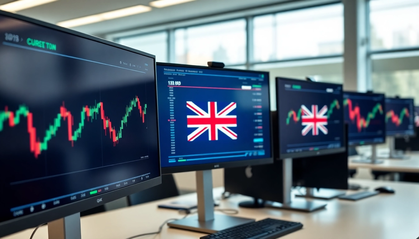 Advanced online stock trading UK platform with multiple monitors in a professional trading