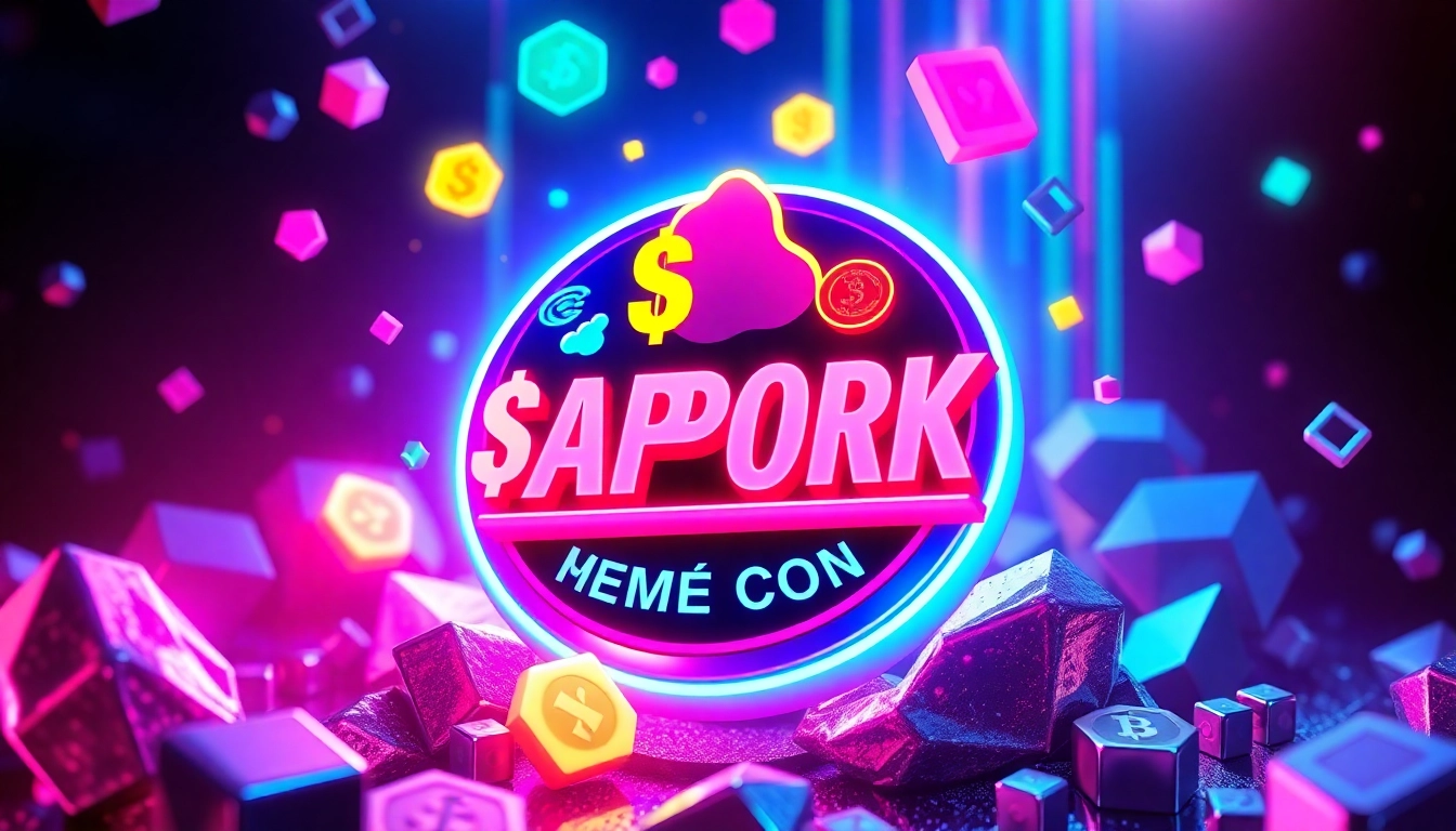 The APORK Meme Coin logo in a vibrant neon crypto scene with engaging blockchain motifs and