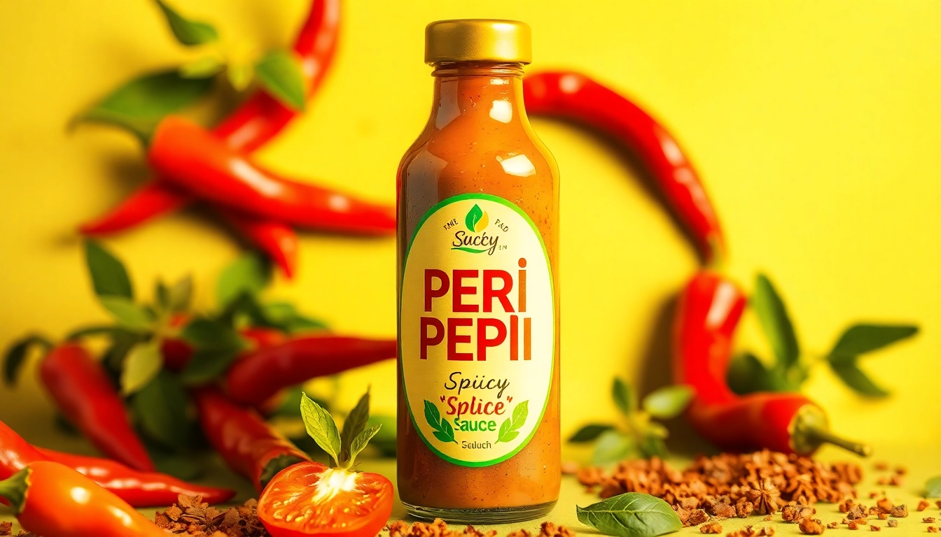 Peri Peri Sauce bottle with fresh chili peppers and spices for flavorful cuisine