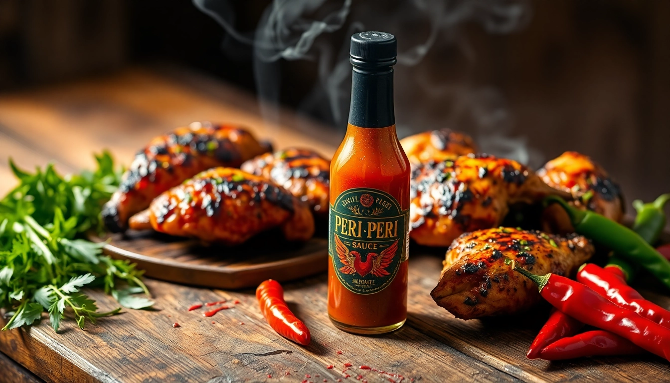 Peri Peri Sauce being poured over grilled chicken with fresh chili peppers and herbs for bold flavor